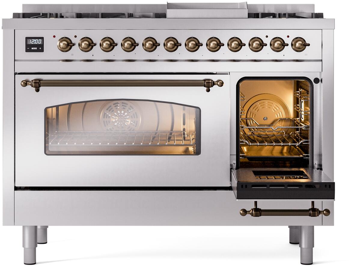 Stainless steel dual fuel range with one oven door open and another door with bronze handle