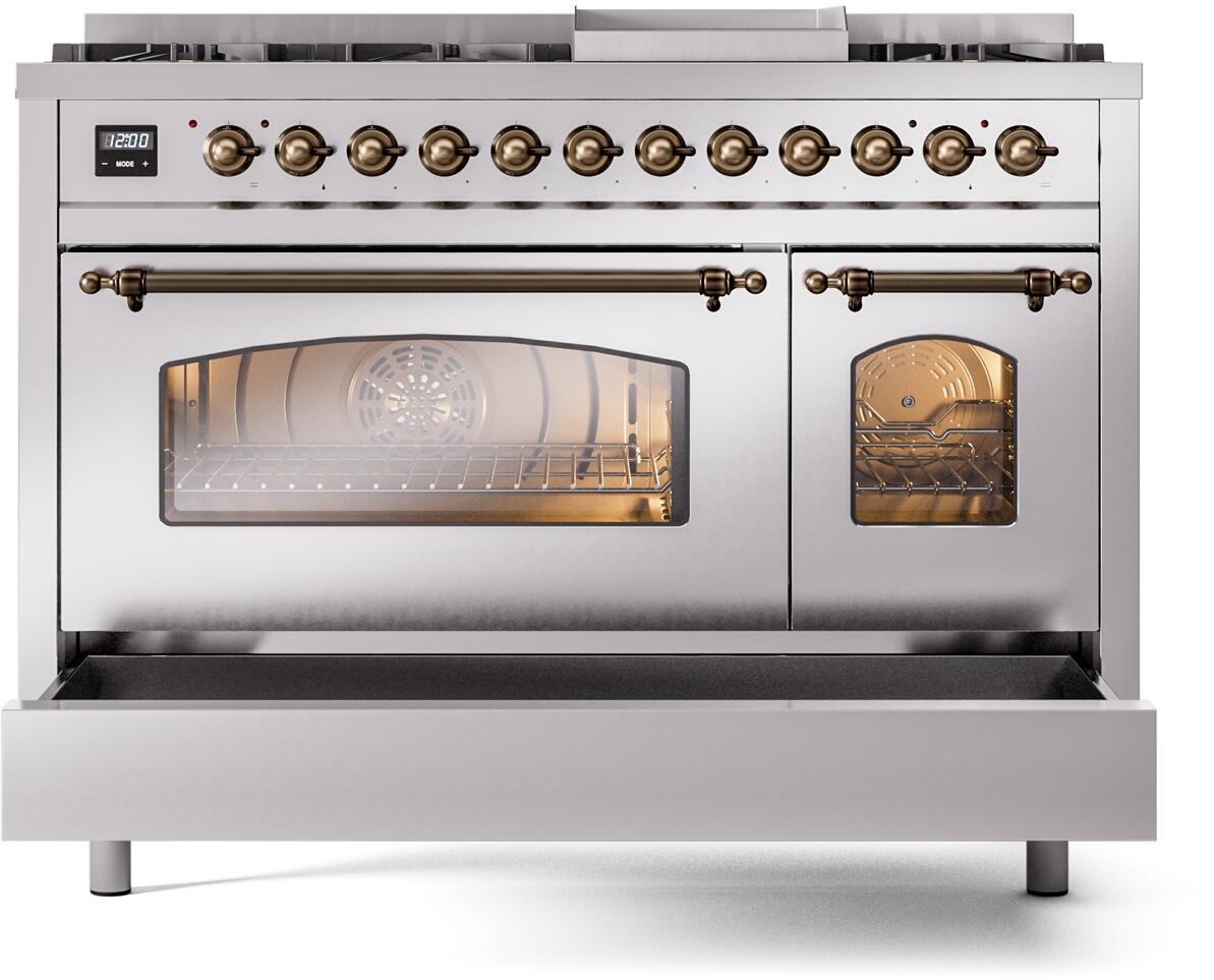 Freestanding dual fuel range with both oven doors closed, glass windows and bronze trim