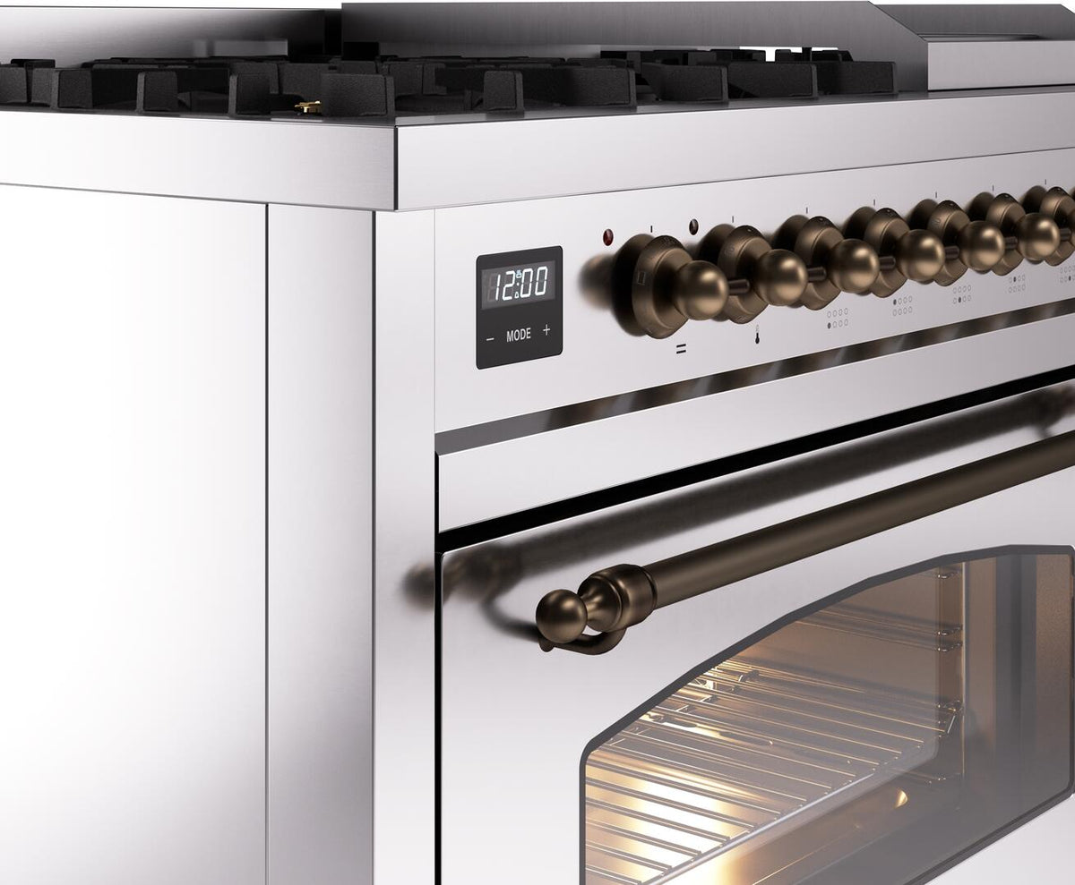 Stainless steel dual fuel range control panel with digital display and bronze burner knobs
