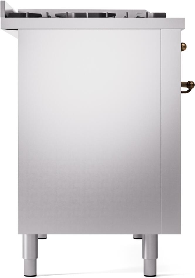 Back view of stainless steel freestanding dual fuel range with leveling legs