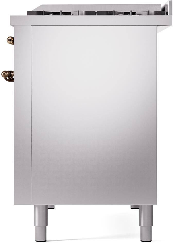 Rear view of stainless steel freestanding dual fuel range with bronze side fittings