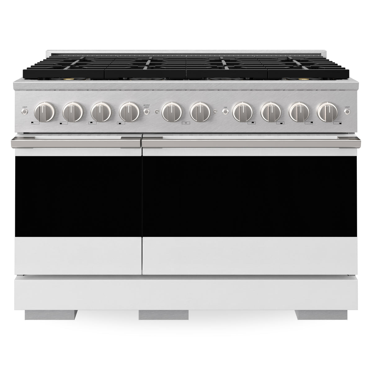 ZLINE 48-Inch Marino Gas Range with 8 Burner DuoPro Cooktop in Satin Stainless Steel with White Matte (PMGRS-WM-48) - front view on white background