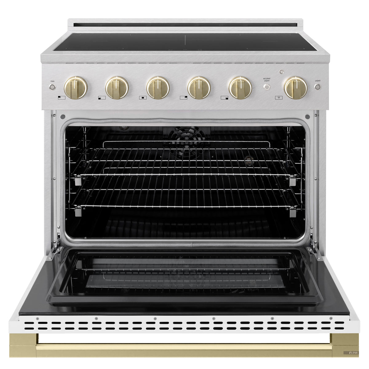 ZLINE Autograph 36-Inch Marino Induction Range in Satin Stainless Steel with White Matte and Champagne Bronze (MINRSZ-WM-36-CB) - oven door open