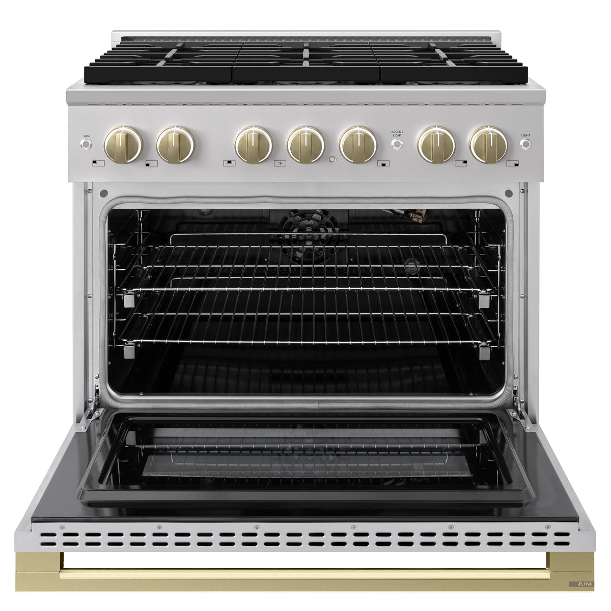 ZLINE Autograph 36-Inch Marino Gas Range with DuoPro Cooktop in Stainless Steel with Champagne Bronze (PMGRZ-36-CB) - oven door open
