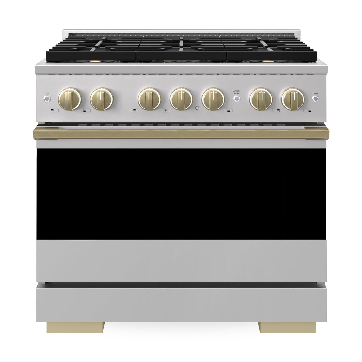 ZLINE Autograph 36-Inch Marino Gas Range with DuoPro Cooktop in Stainless Steel with Champagne Bronze (PMGRZ-36-CB) - front view on white background