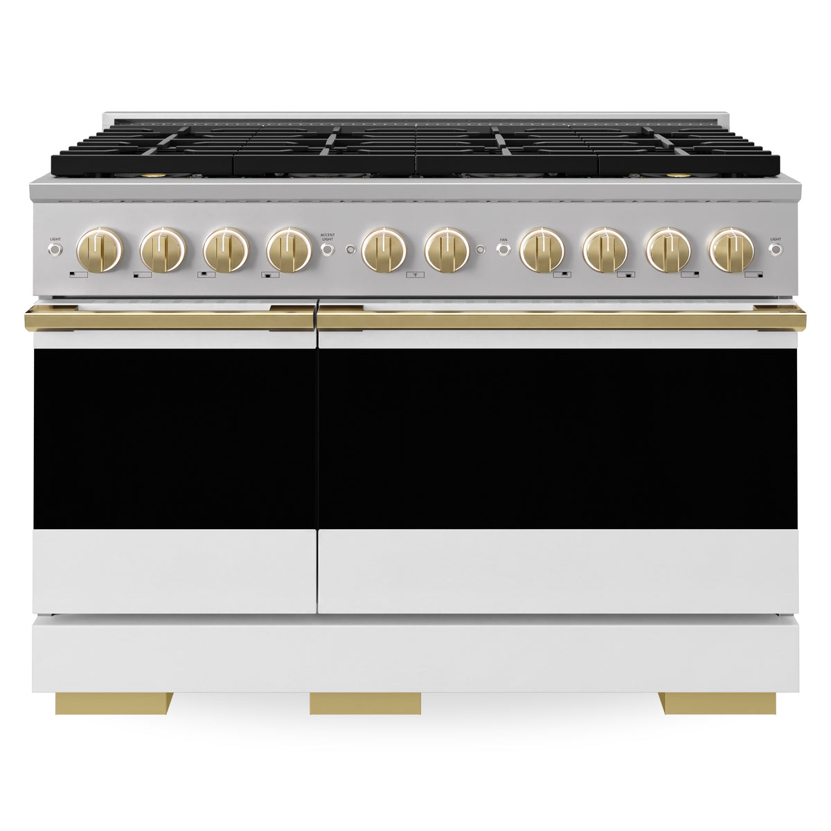 ZLINE Autograph 48-Inch Marino Gas Range with DuoPro Cooktop in Stainless Steel with White Matte and Polished Gold (PMGRZ-WM-48-G) - front view on white background