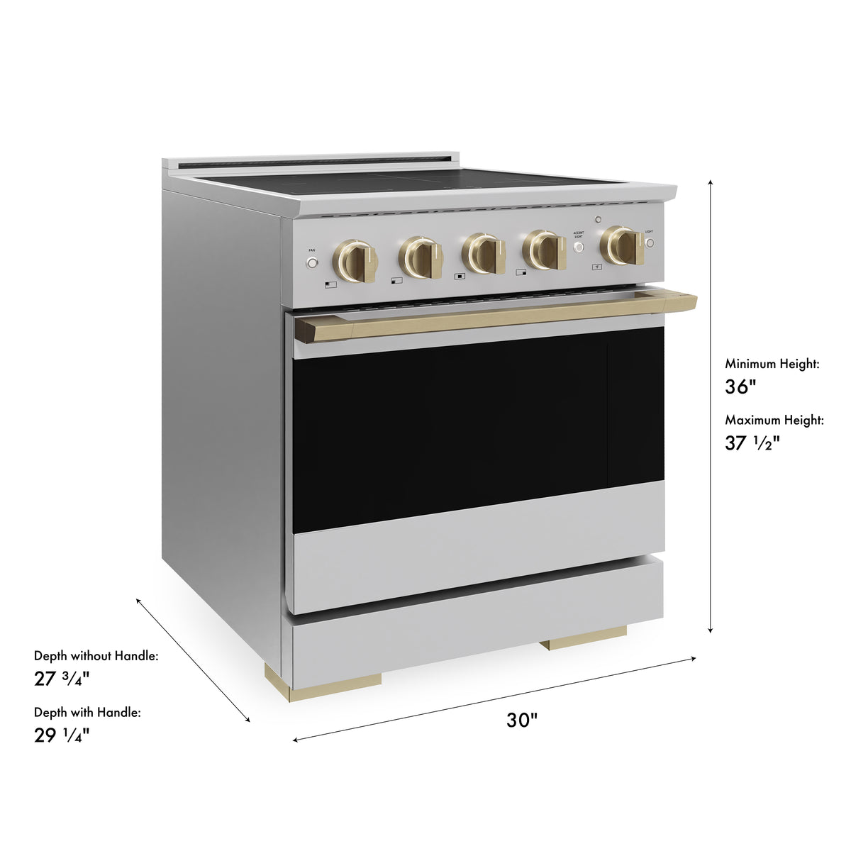 ZLINE Autograph 30-Inch Marino Induction Range in Stainless Steel with Champagne Bronze (MINRZ-30-CB) - product dimensions