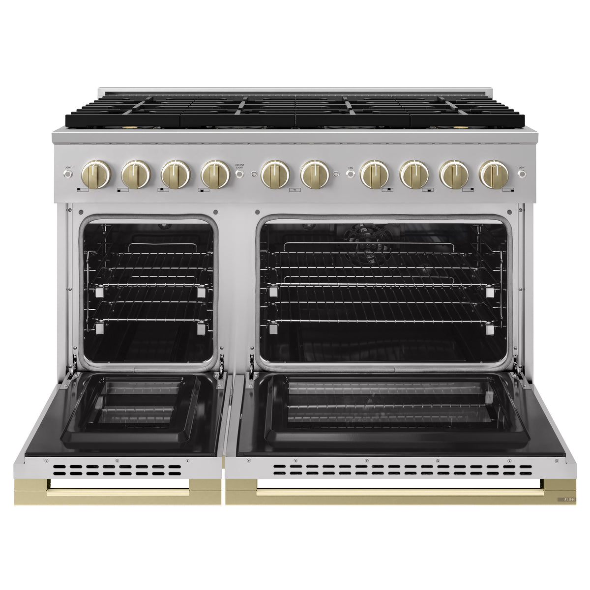 ZLINE Autograph 48-Inch Marino Dual Fuel Range with DuoPro Cooktop in Stainless Steel with Champagne Bronze (PMDRZ-48-CB) - oven doors open