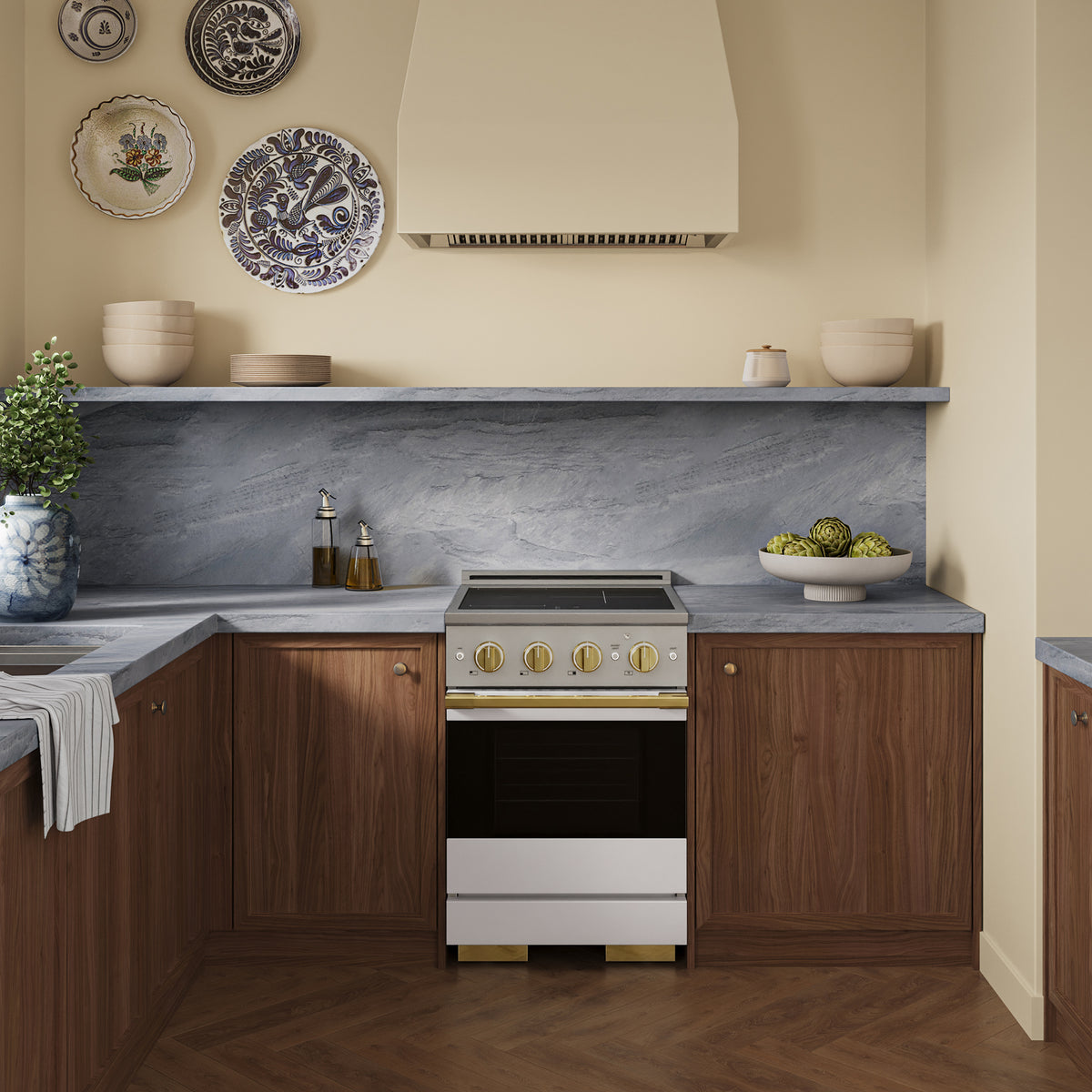 ZLINE Autograph 24-Inch Marino Induction Range in Stainless Steel with White Matte and Polished Gold (MINRZ-WM-24-G) - kitchen lifestyle view