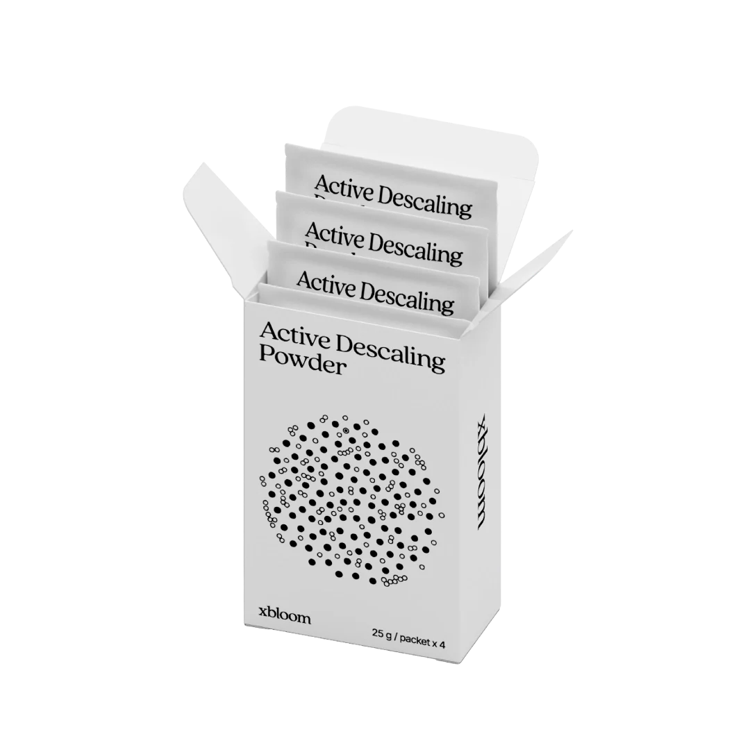 xBloom Active Descaling Powder box, open with inner sachets/cartons visible