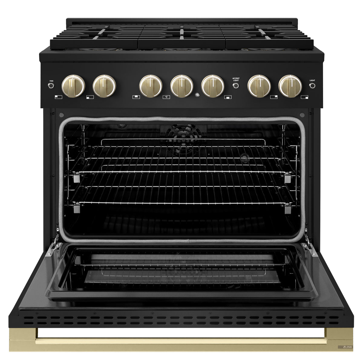 ZLINE Autograph 36-Inch Marino Dual Fuel Range with DuoPro Cooktop in Black Stainless Steel with Champagne Bronze (PMDRBZ-36-CB) - oven door open