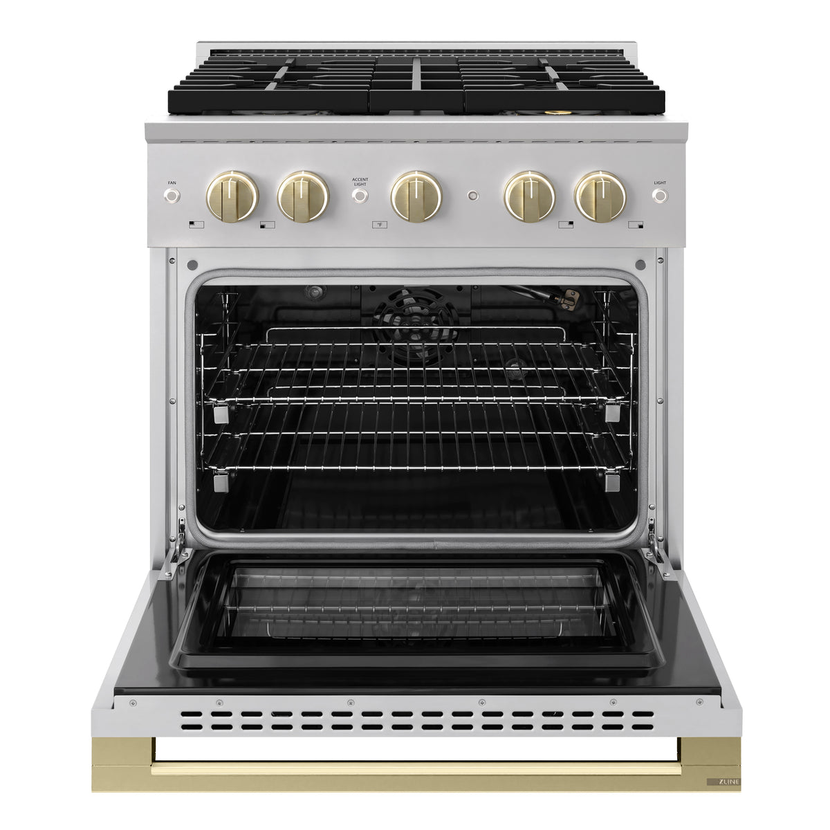 ZLINE Autograph 30-Inch Marino Gas Range with DuoPro Cooktop in Stainless Steel with Champagne Bronze (PMGRZ-30-CB) - oven door open