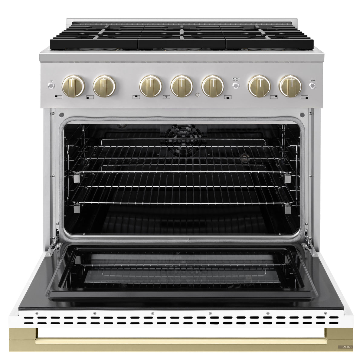 ZLINE Autograph 36-Inch Marino Dual Fuel Range with DuoPro Cooktop in Stainless Steel with White Matte and Champagne Bronze (PMDRZ-WM-36-CB) - oven door open