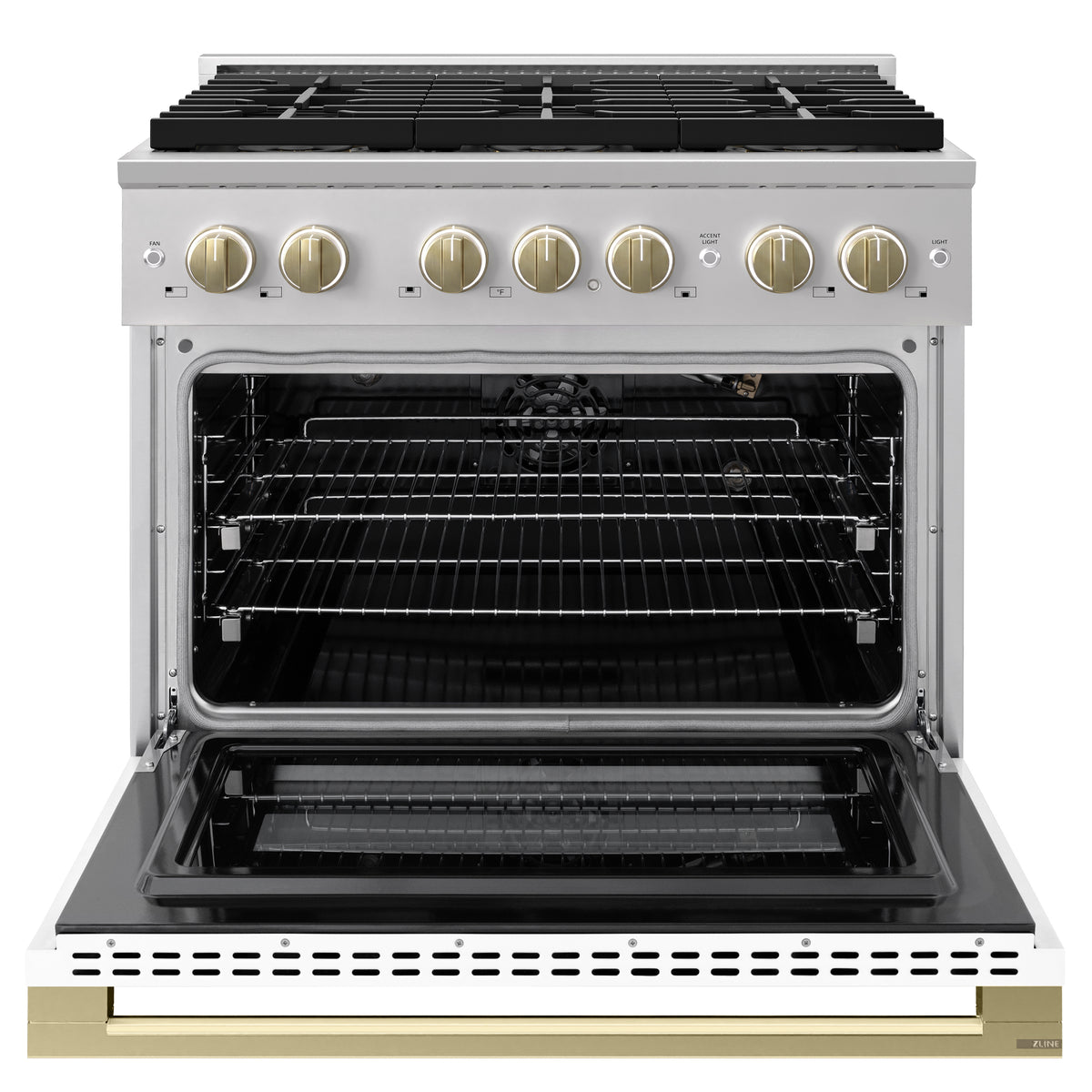 ZLINE Autograph 36-Inch Marino Gas Range with DuoPro Cooktop in Stainless Steel with White Matte and Champagne Bronze (PMGRZ-WM-36-CB) - oven door open