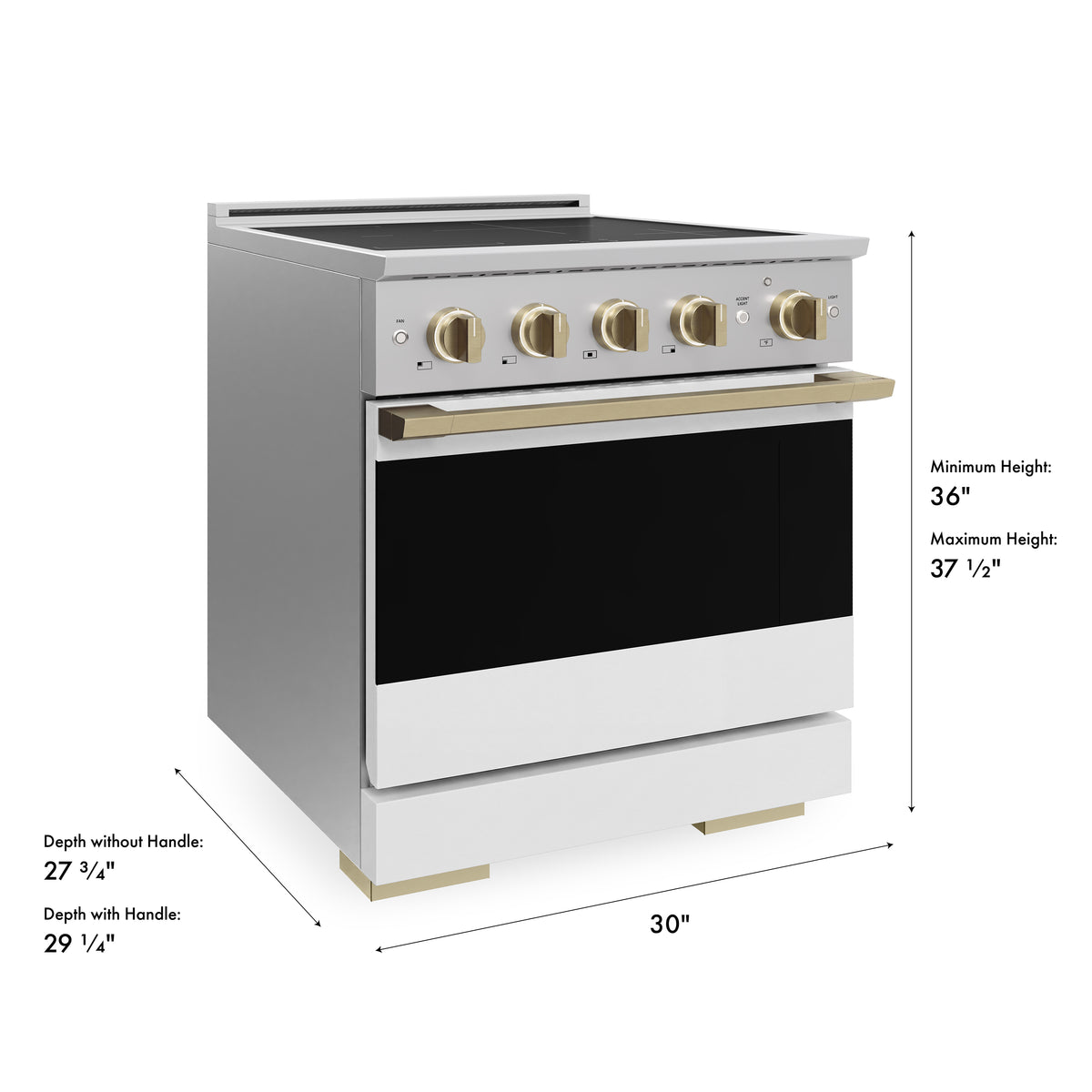 ZLINE Autograph 30-Inch Marino Induction Range in Stainless Steel with White Matte and Champagne Bronze (MINRZ-WM-30-CB) - product dimensions