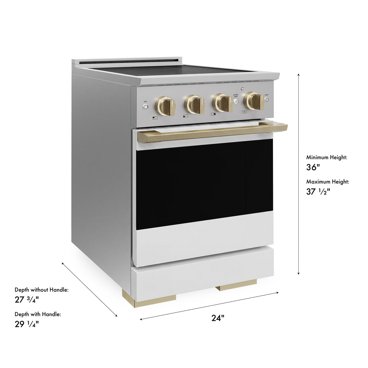 ZLINE Autograph 24-Inch Marino Induction Range in Stainless Steel with White Matte and Champagne Bronze (MINRZ-WM-24-CB) - product dimensions