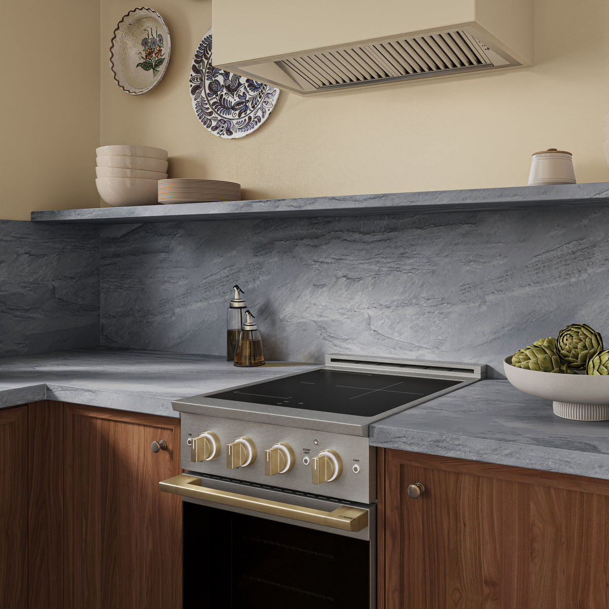 ZLINE Autograph 24-Inch Marino Induction Range in Satin Stainless Steel with Champagne Bronze (MINRSZ-24-CB) - kitchen lifestyle view