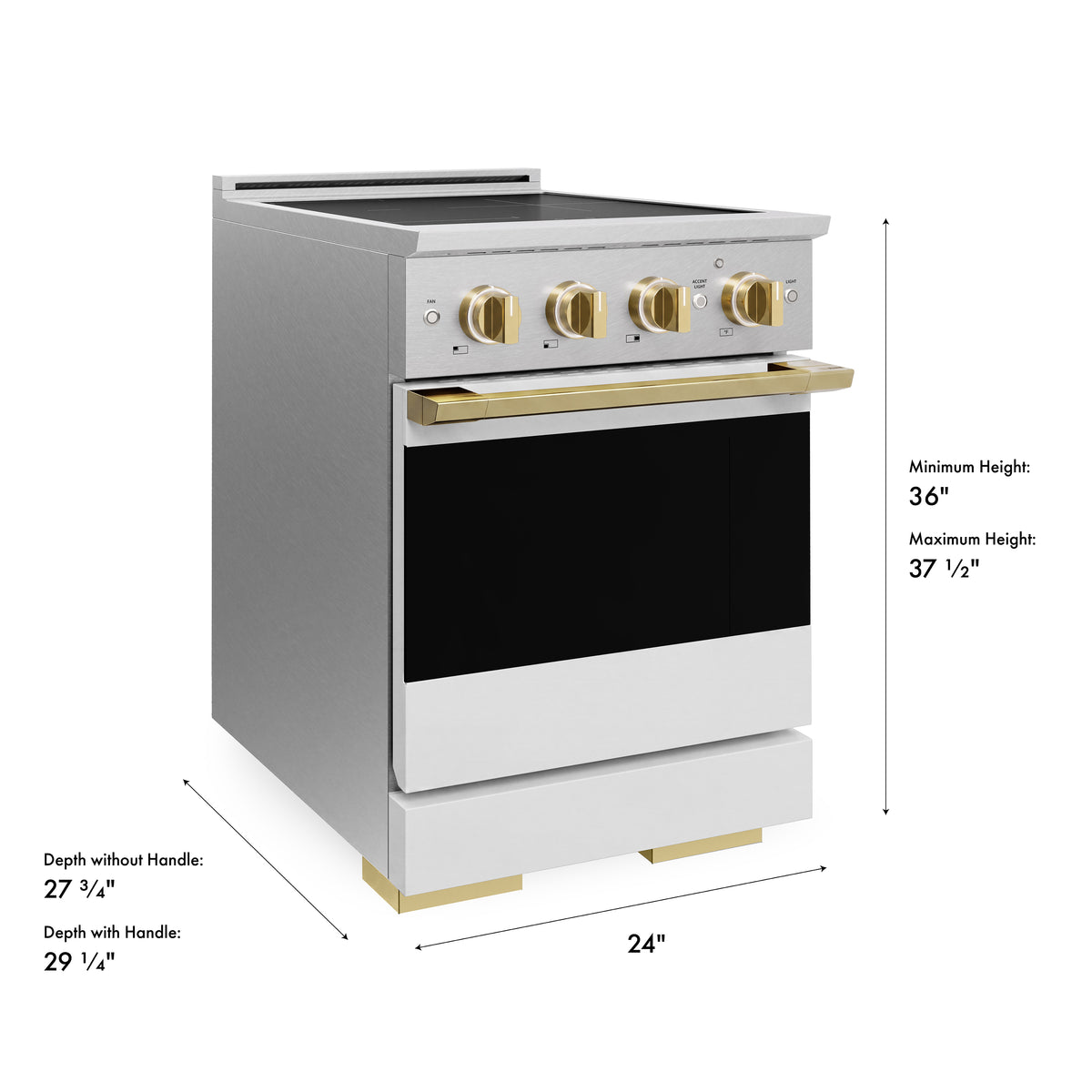 ZLINE Autograph 24-Inch Marino Induction Range in Satin Stainless Steel with White Matte and Polished Gold (MINRSZ-WM-24-G) - product dimensions
