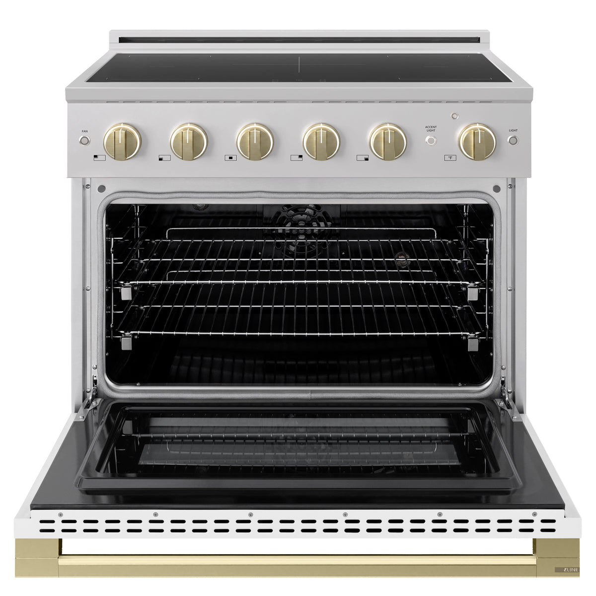 ZLINE Autograph 36-Inch Marino Induction Range in Stainless Steel with White Matte and Champagne Bronze (MINRZ-WM-36-CB) - oven door open
