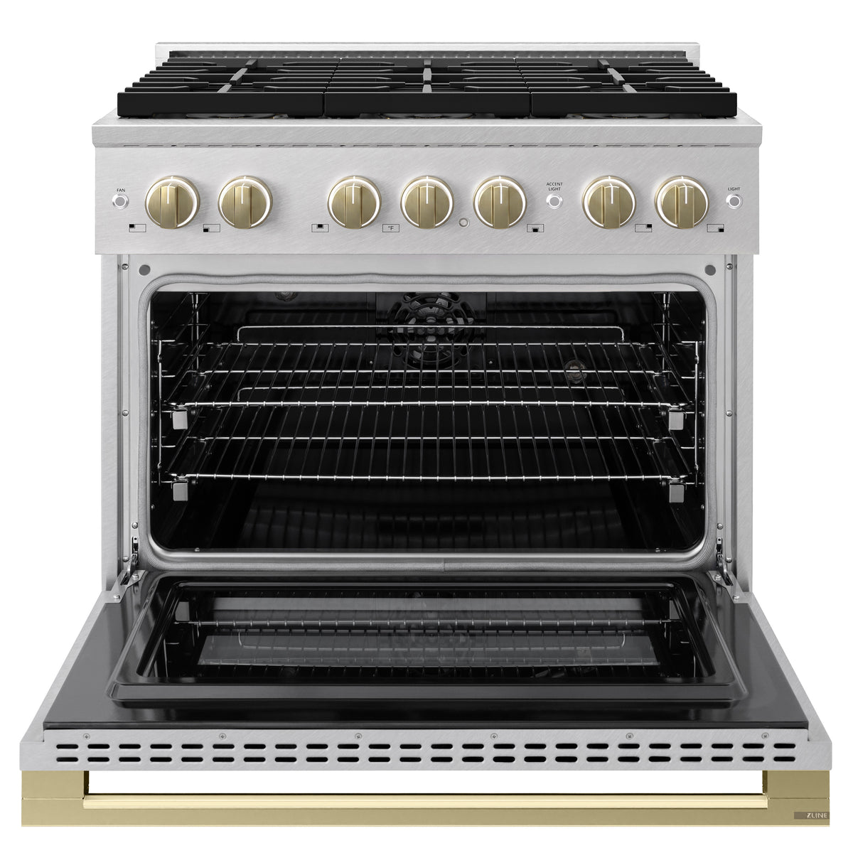 ZLINE Autograph 36-Inch Marino Dual Fuel Range with DuoPro Cooktop in Satin Stainless Steel with Champagne Bronze (PMDRSZ-36-CB) - oven door open