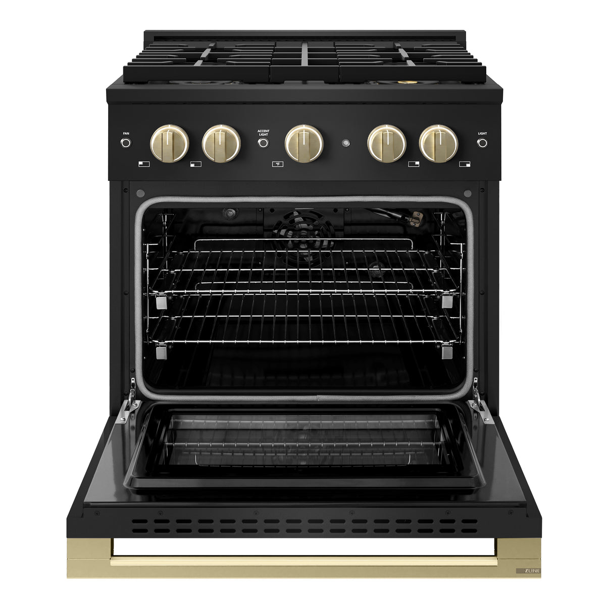 ZLINE Autograph 30-Inch Marino Gas Range with DuoPro Cooktop in Black Stainless Steel with Champagne Bronze (PMGRBZ-30-CB) - oven door open