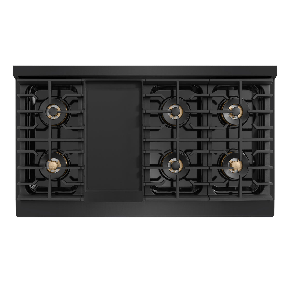ZLINE Autograph 48-Inch Marino Dual Fuel Range with DuoPro Cooktop in Black Stainless Steel with Champagne Bronze (PMDRBZ-48-CB) - cooktop with griddle top-down view