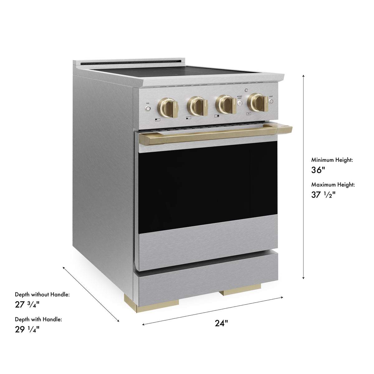 ZLINE Autograph 24-Inch Marino Induction Range in Satin Stainless Steel with Champagne Bronze (MINRSZ-24-CB) - product dimensions