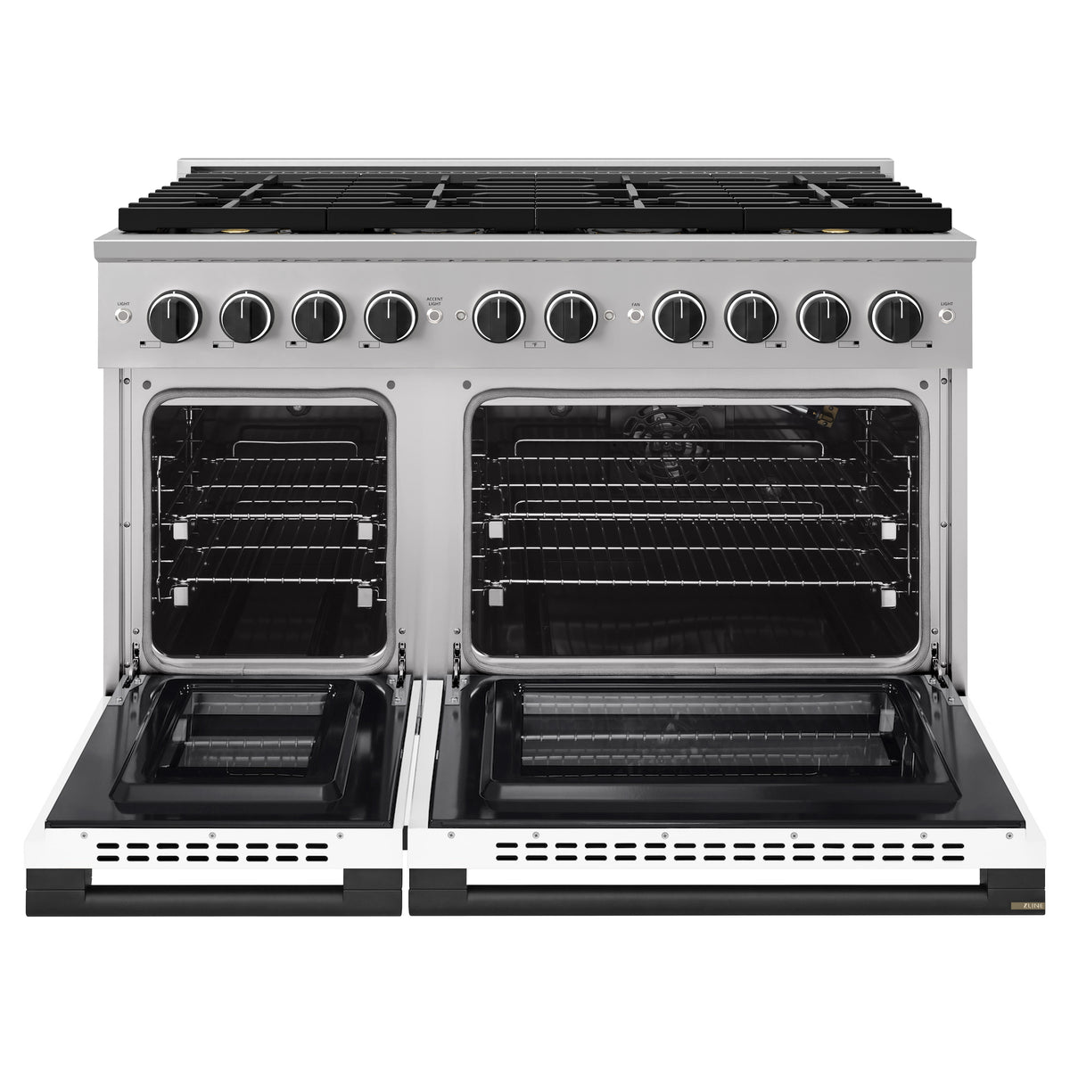 ZLINE Autograph 48-Inch Marino Gas Range with DuoPro Cooktop in Stainless Steel with White Matte and Matte Black (PMGRZ-WM-48-MB) - oven doors open