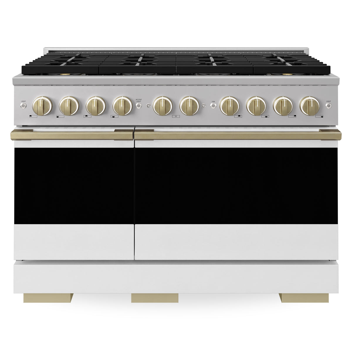 ZLINE Autograph 48-Inch Marino Dual Fuel Range with DuoPro Cooktop in Stainless Steel with White Matte and Champagne Bronze (PMDRZ-WM-48-CB) - front view on white background