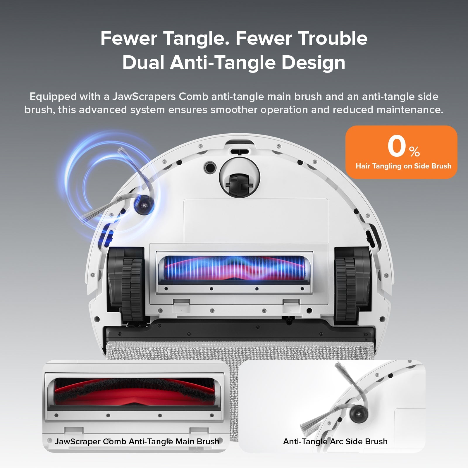 White robot vacuum and mop top view with dual anti-tangle brush layout