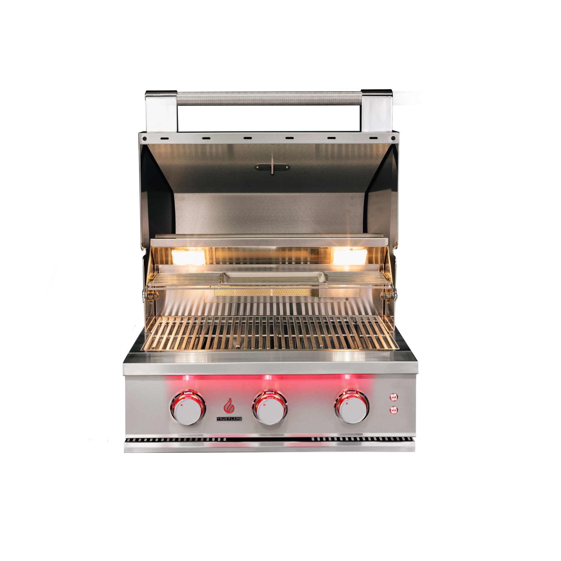 Open stainless gas grill showing inner cooking grates and lit burner array