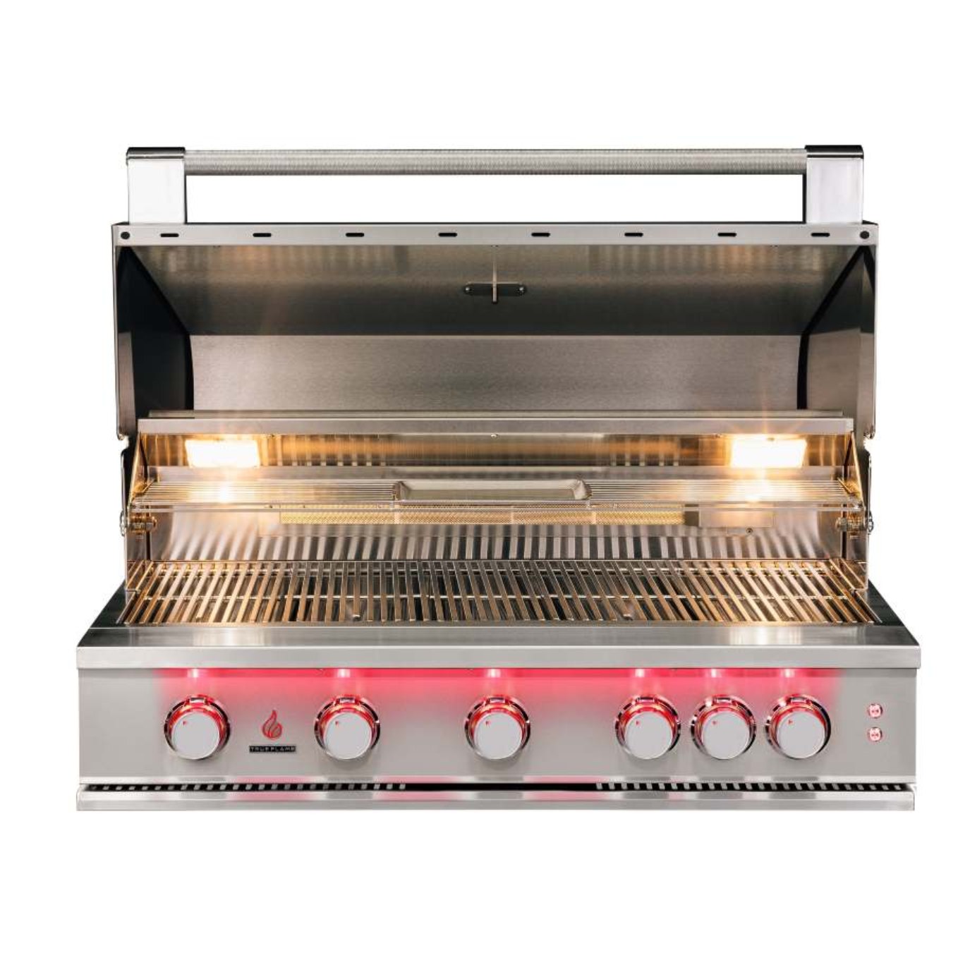 Stainless steel built-in propane gas grill with lid open and lit burner row beneath grates