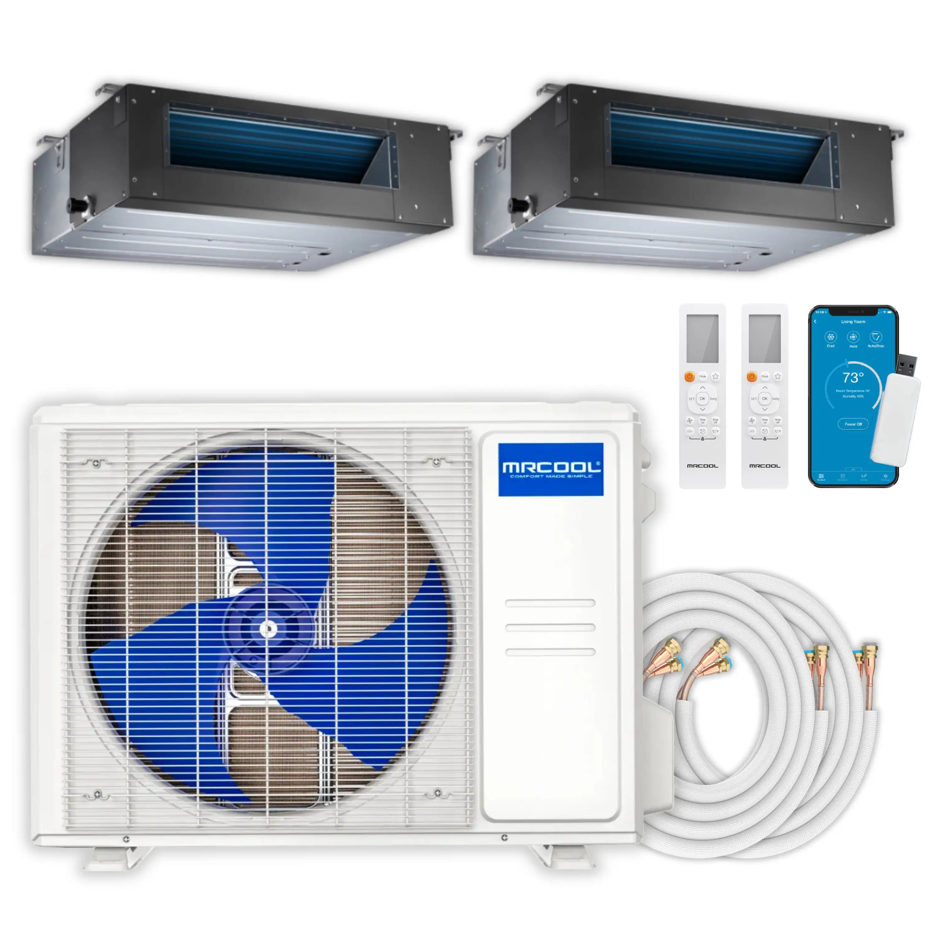 MRCOOL multi-zone mini split kit with two ducted air handlers, outdoor unit, controls