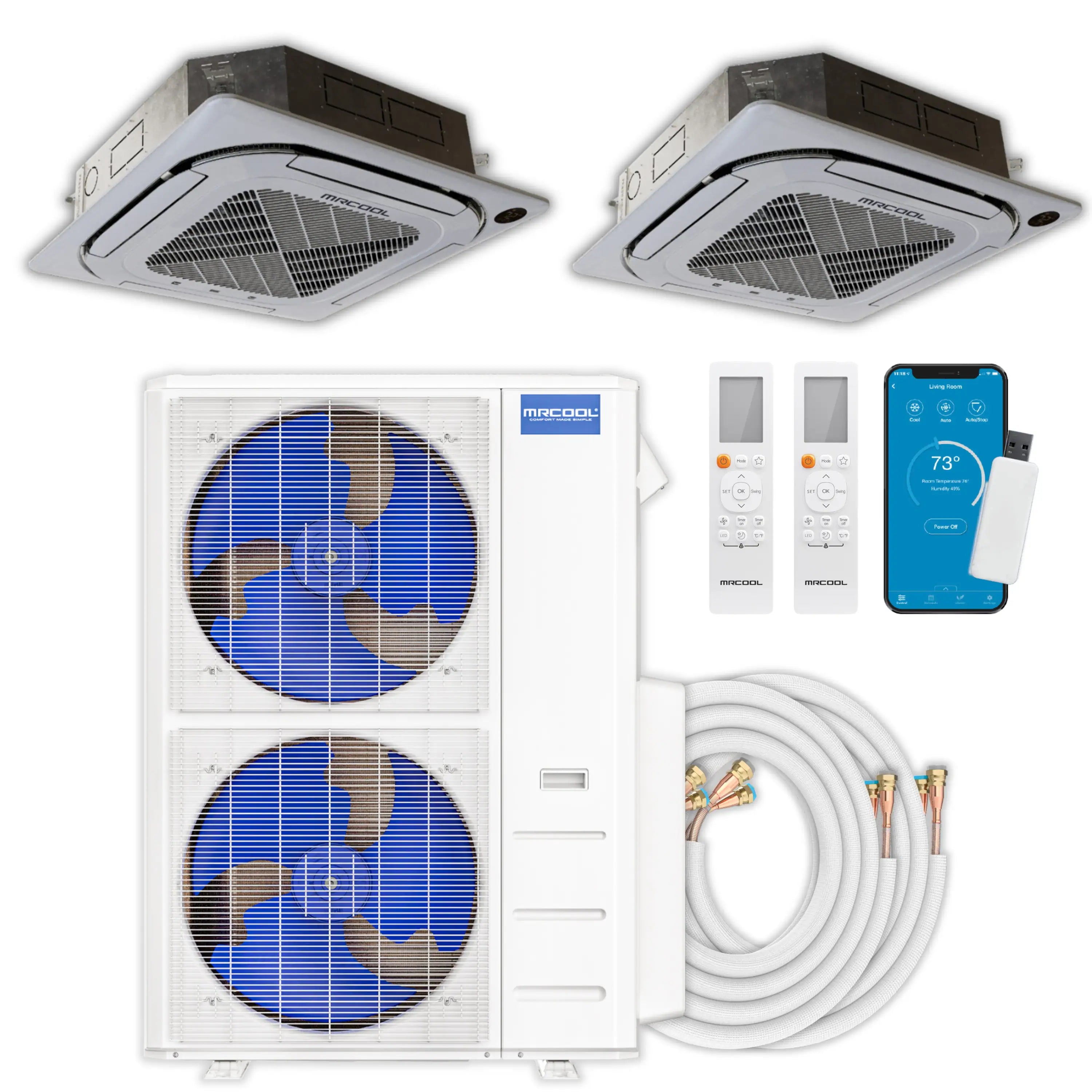 Two ceiling cassette air handlers, outdoor condenser unit, and line set components