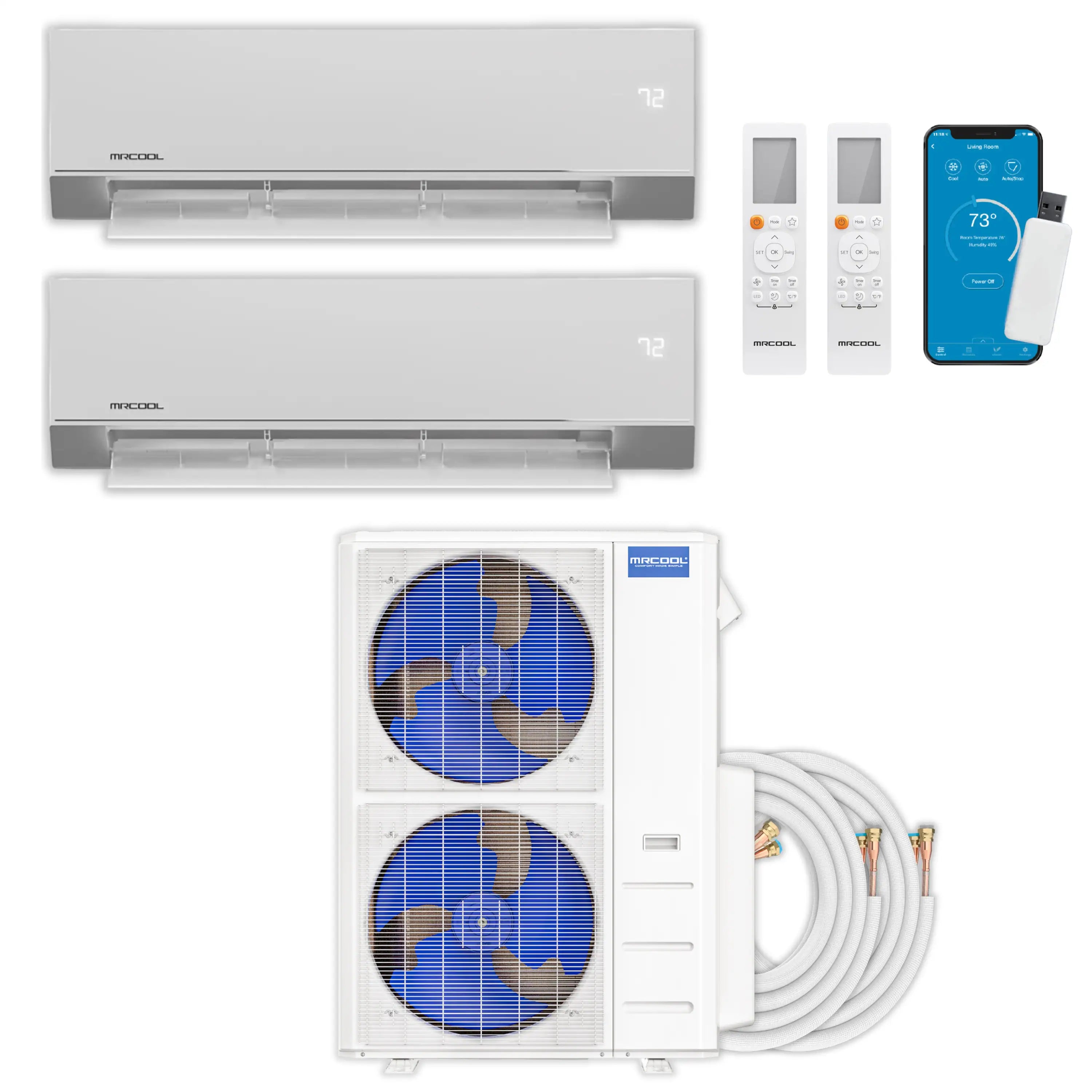 Two wall-mounted mini split air handlers, white indoor units with remote control