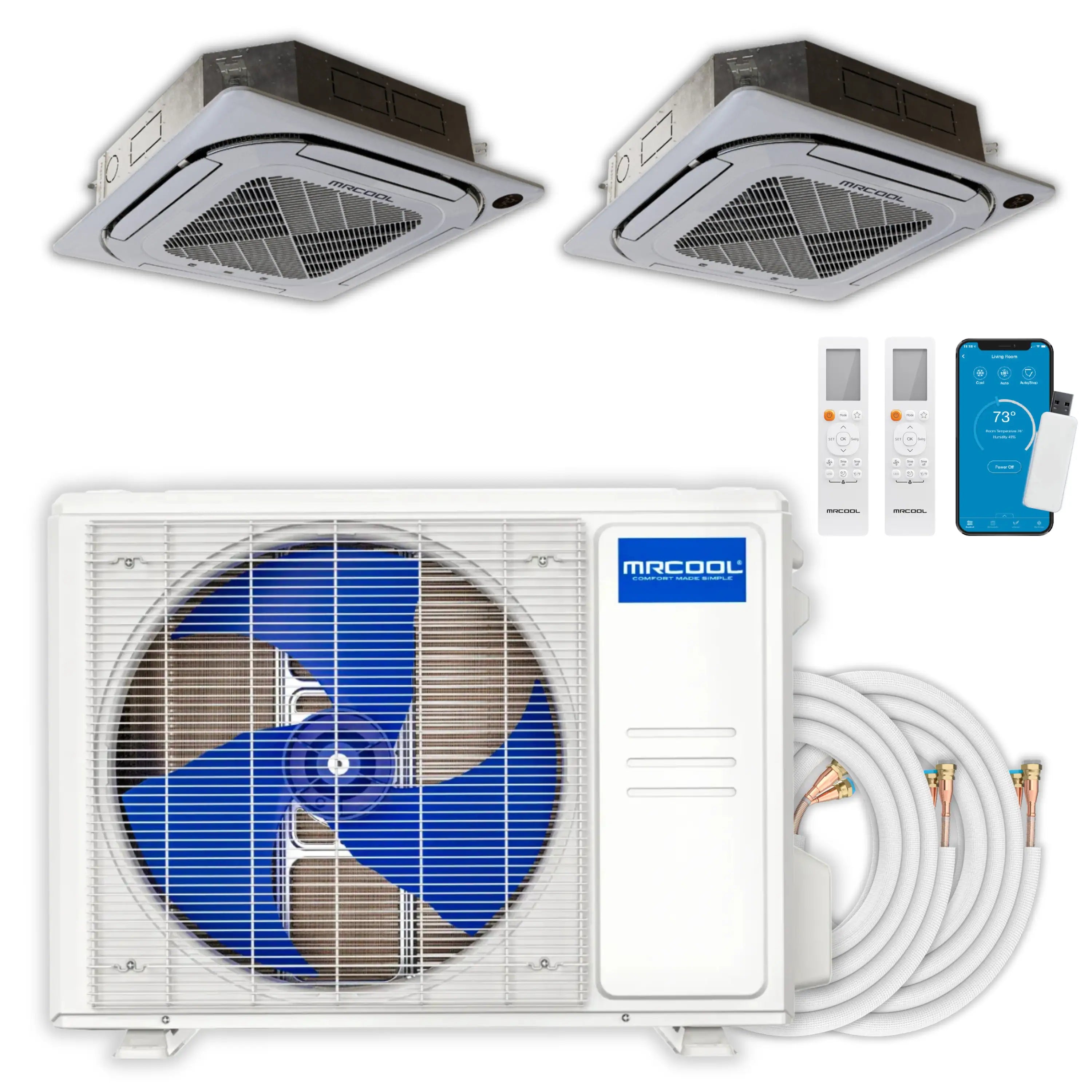 2-zone mini split kit with outdoor condenser, two ceiling air handlers, remote and line set