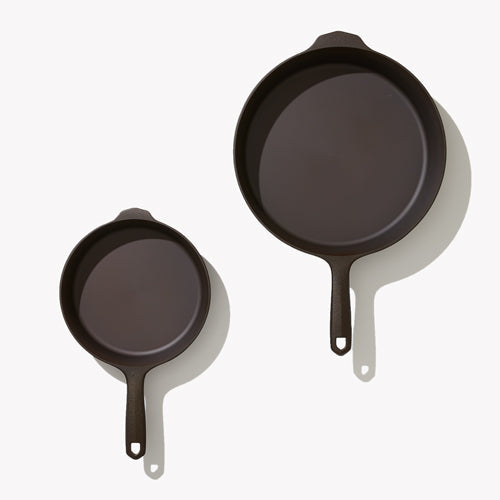 Cast iron skillet set, two round skillets with short handles, dark finish