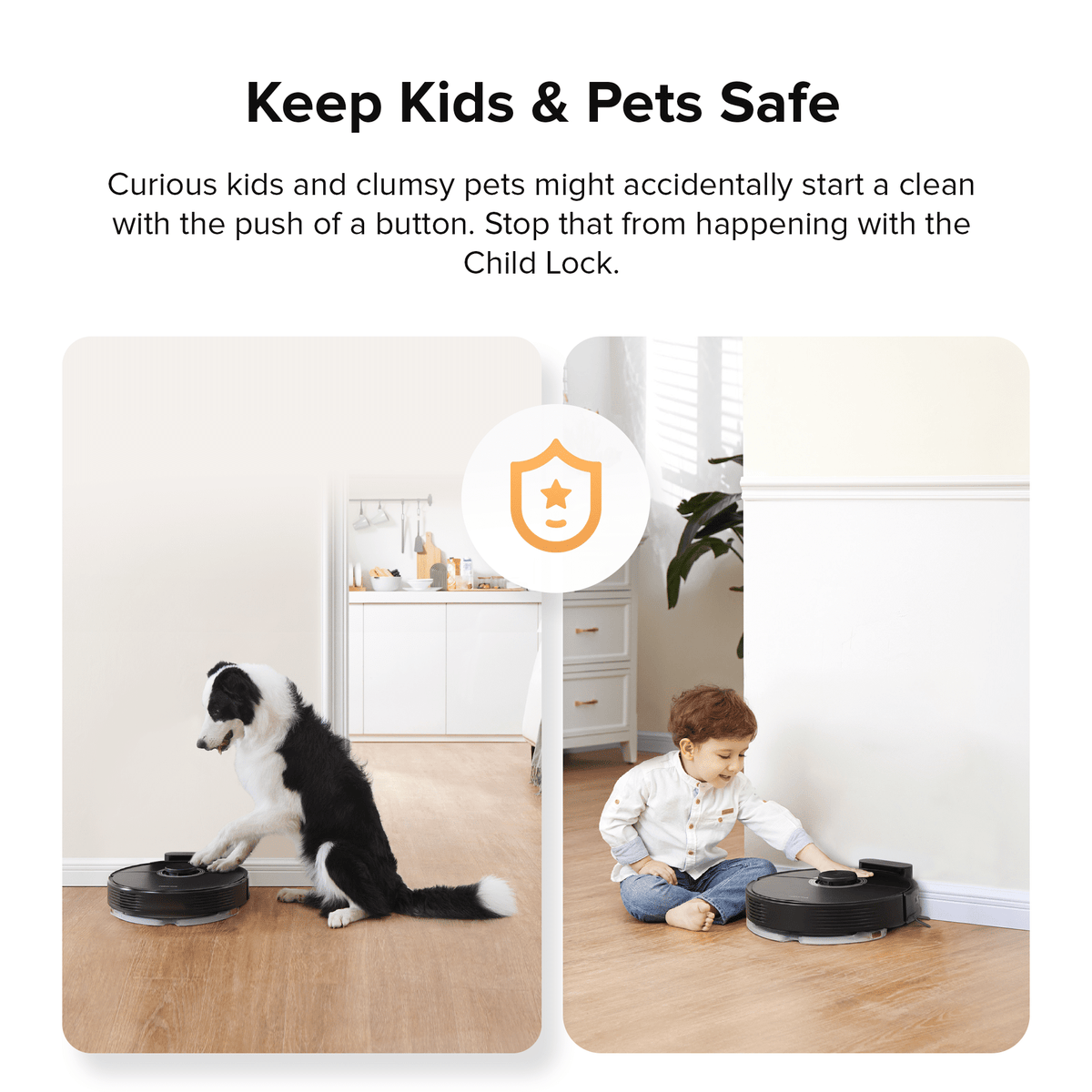 Black Roborock robot vacuum and mop near pets and children