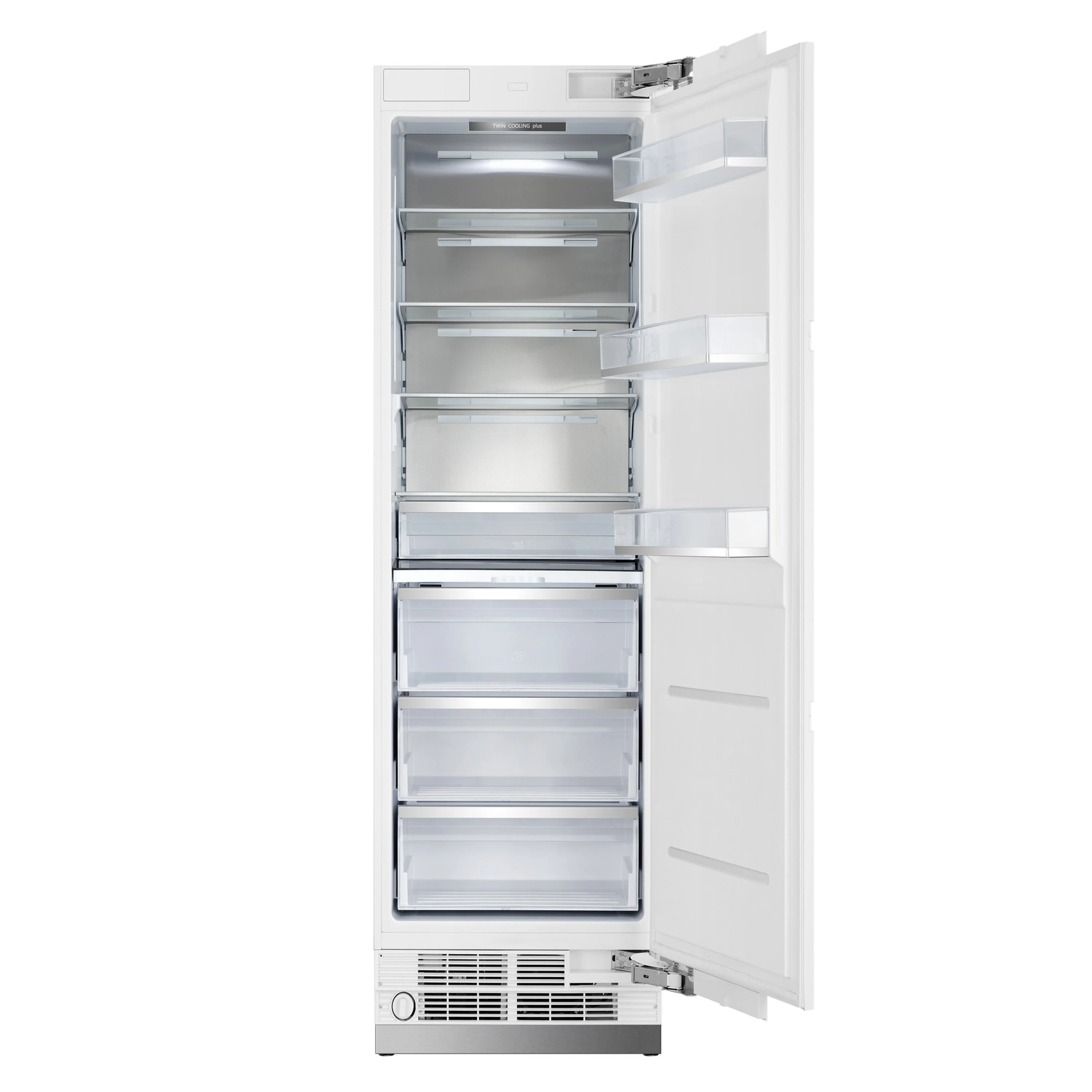 Built-in refrigerator with door open, clear shelves and bins inside the white cabinet