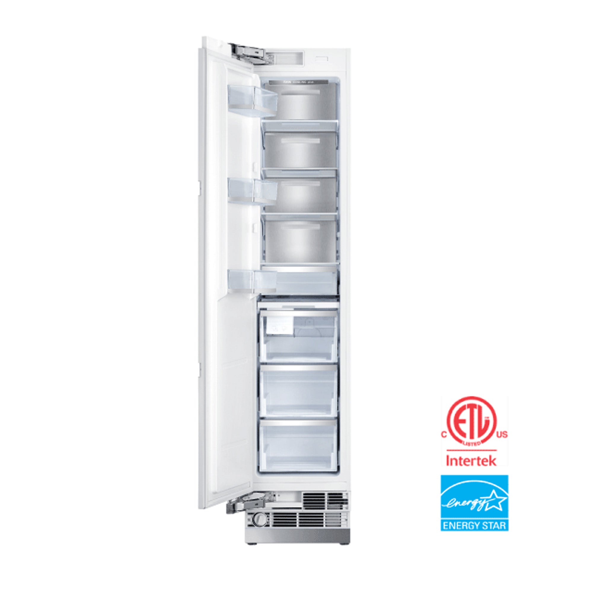 Open-door white upright freezer showing multiple interior shelves and ETL Energy Star badge