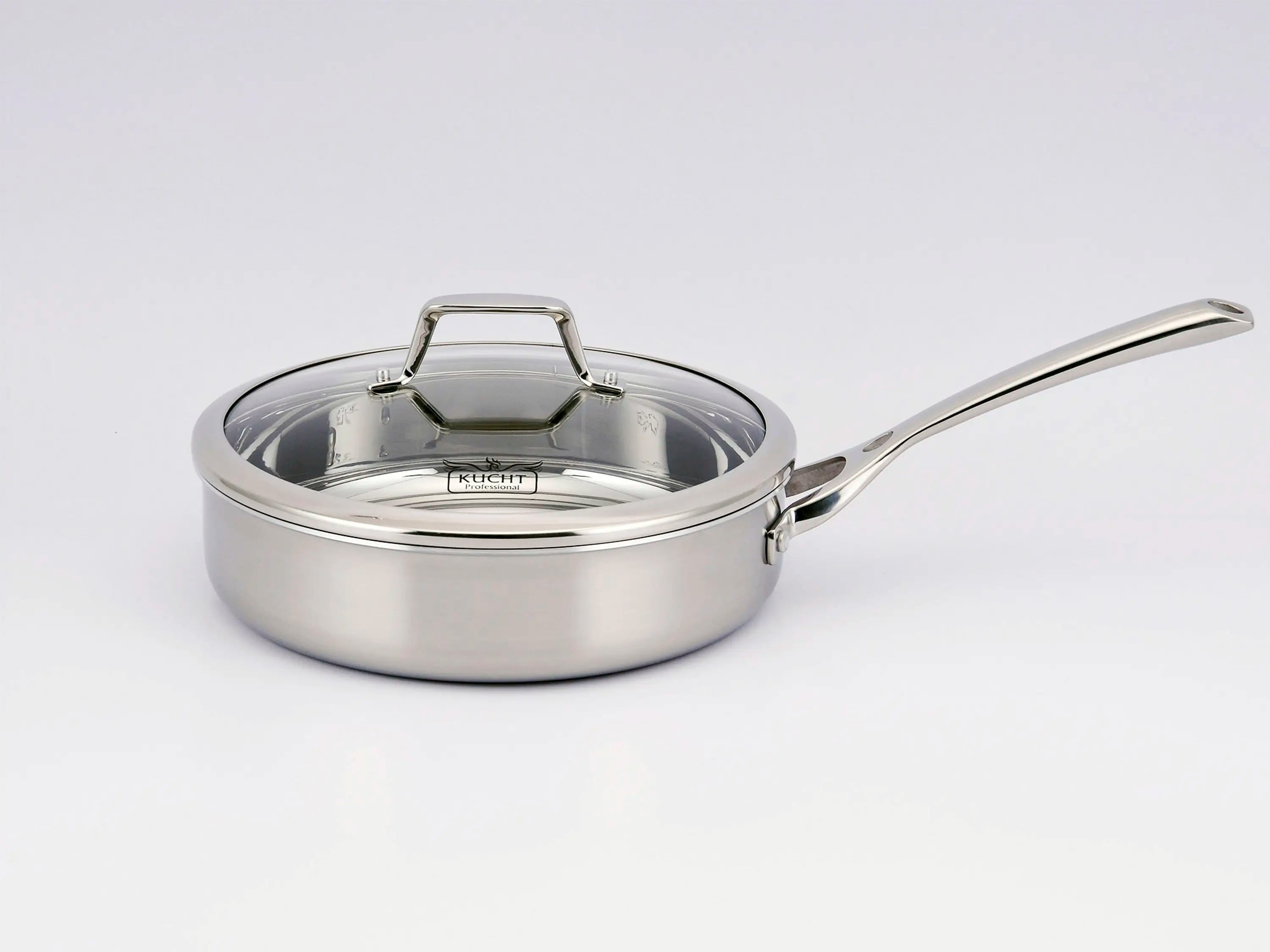 Stainless steel saucepan with domed lid and long handle