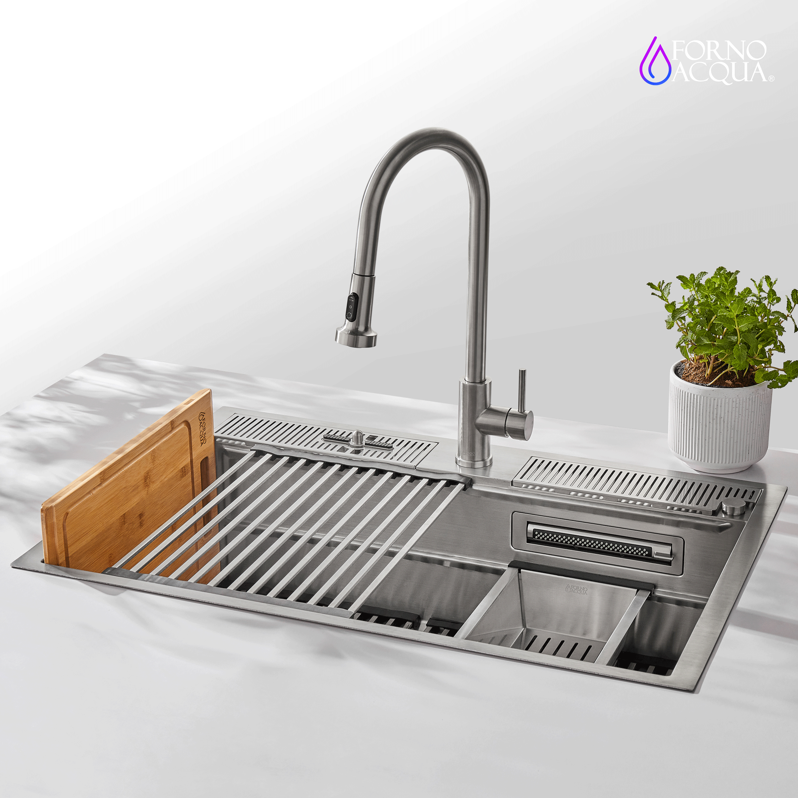 Stainless steel workstation sink with tall faucet and deck drying grilles