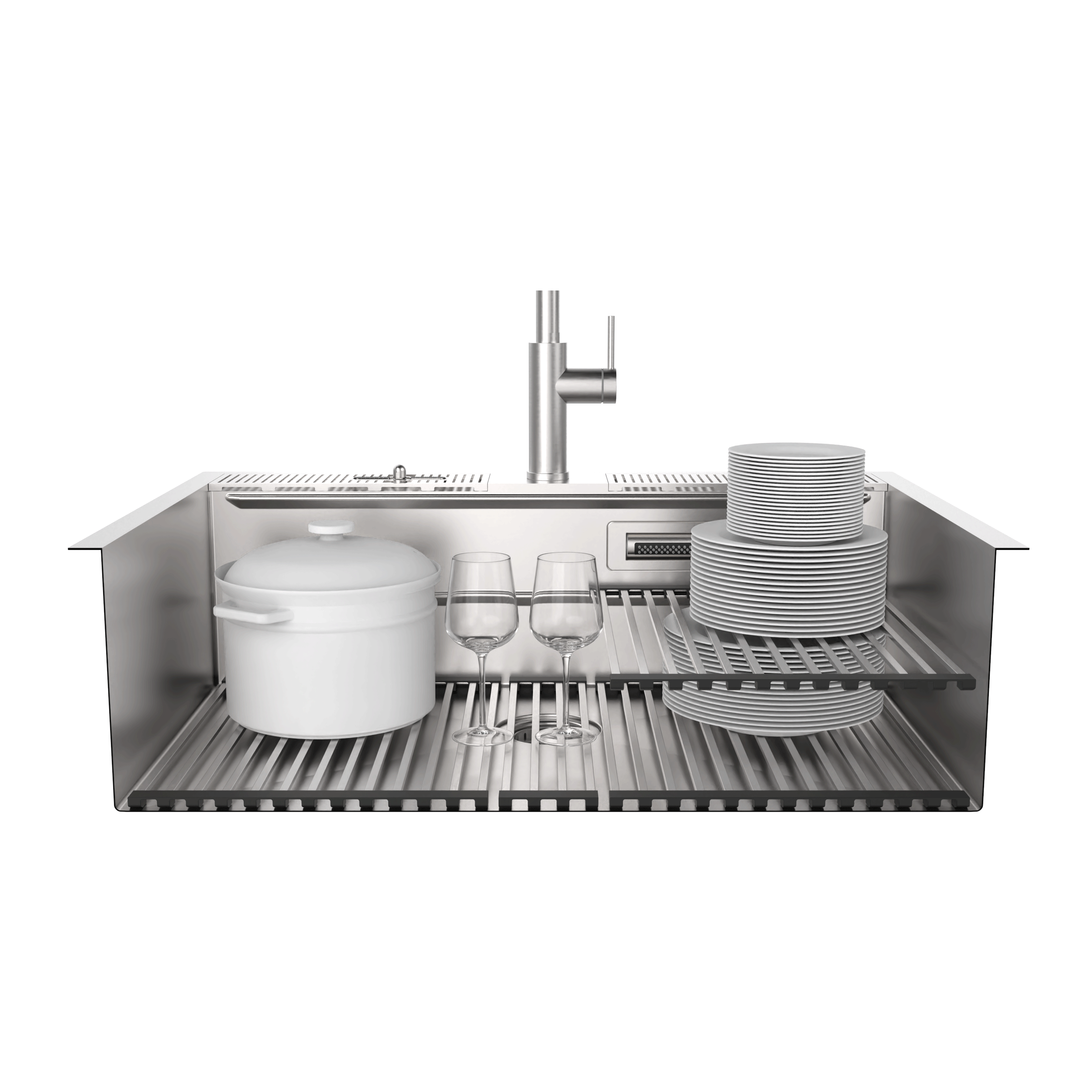 Stainless steel double-bowl drop-in sink with waterfall faucet and drainboards