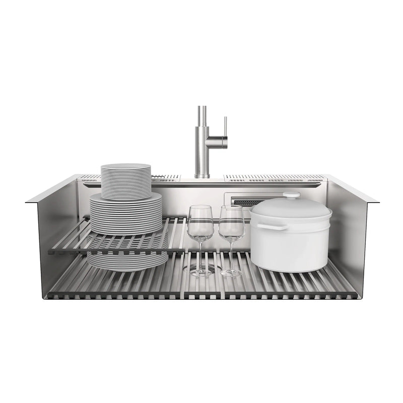 Forno Acqua 33-Inch Drop-In/Undermount 40/60 Double Bowl Stainless Steel Sink with Waterfall Faucet (H-XN30)