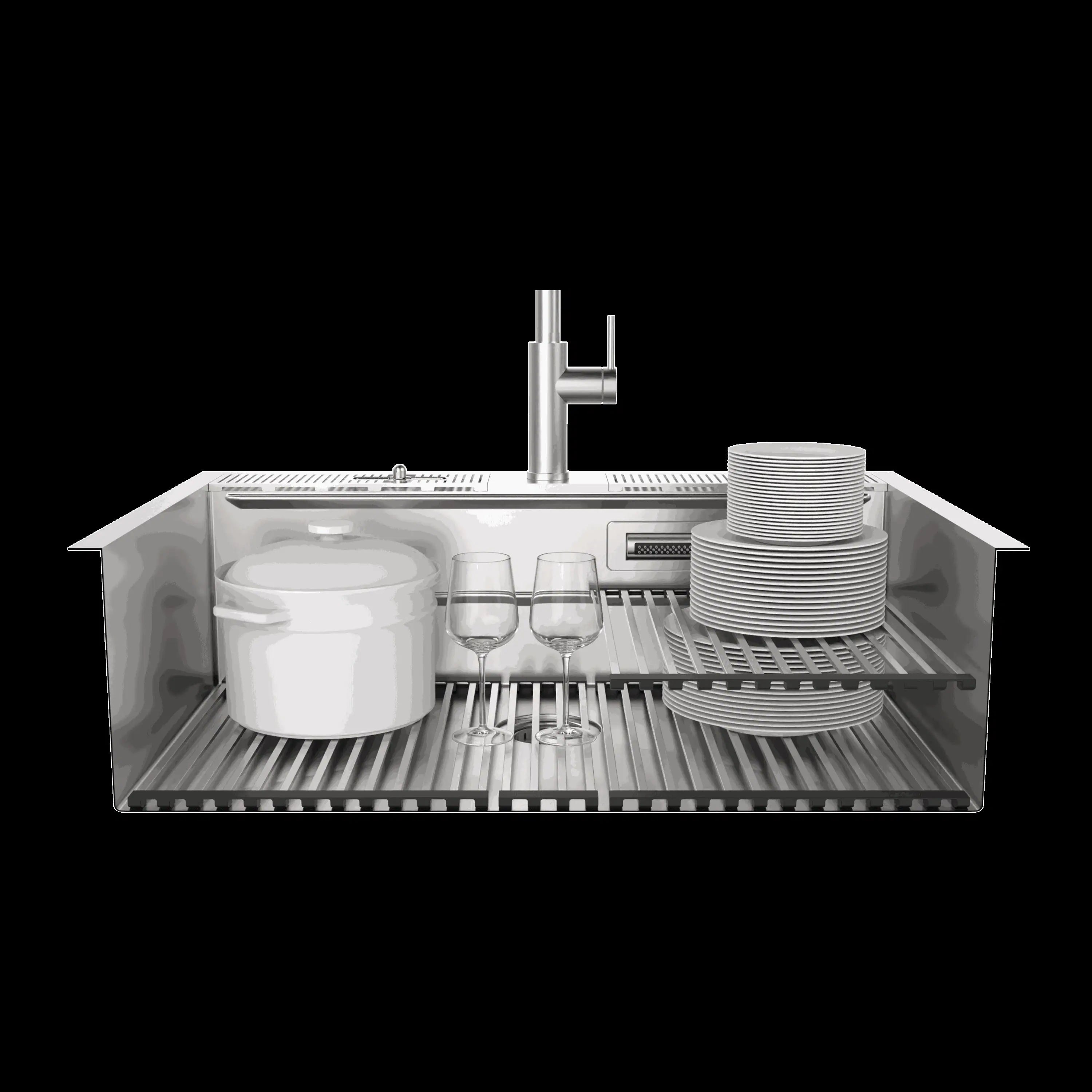 Stainless steel workstation sink with faucet, multi-tier layout, and stackable dishware