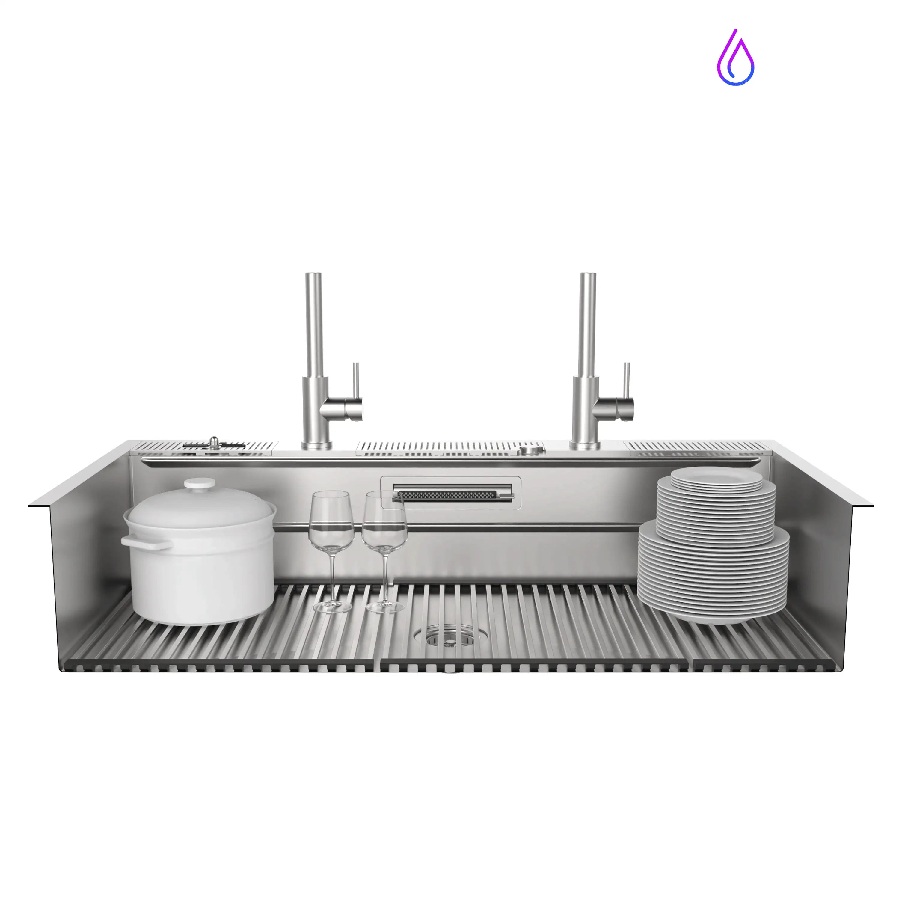 3-level stainless undermount workstation sink with stacked plates on drying rails
