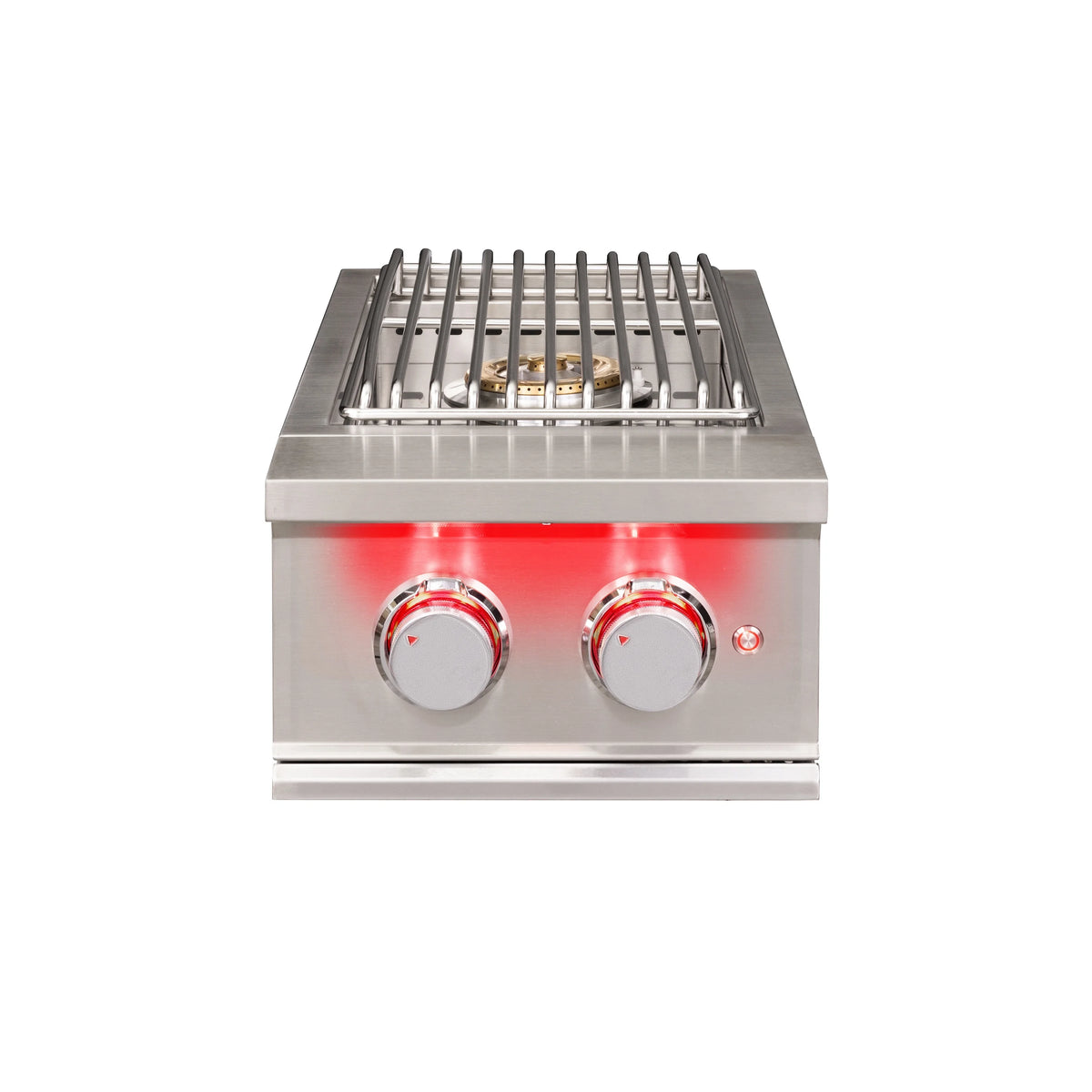 Stainless steel double natural gas side burner with metal grate and two control knobs