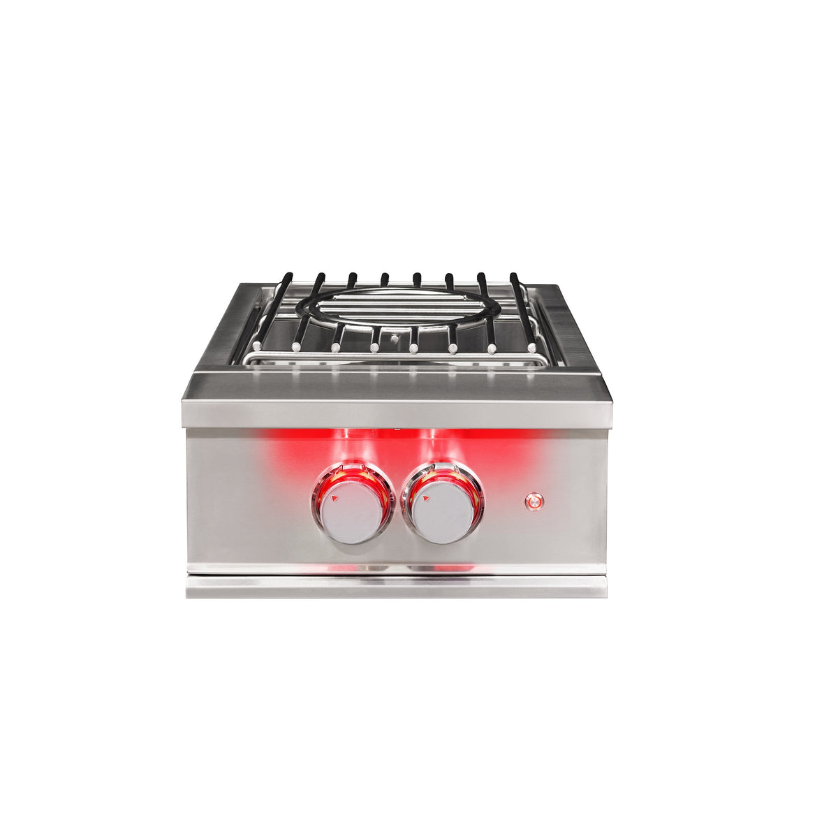 Stainless steel natural gas power burner with two red knobs and front control glow