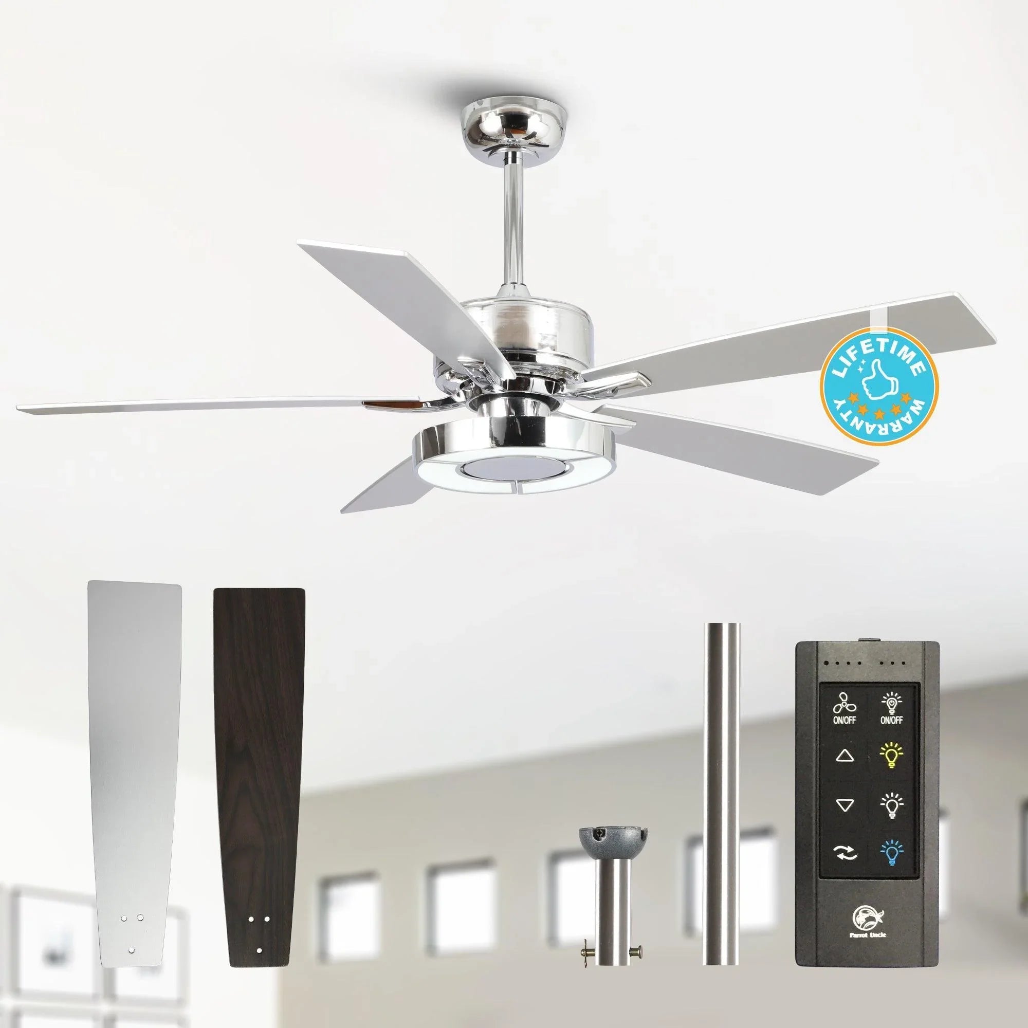 Industrial ceiling fan with chrome housing, reversible blades, remote control, and downrods