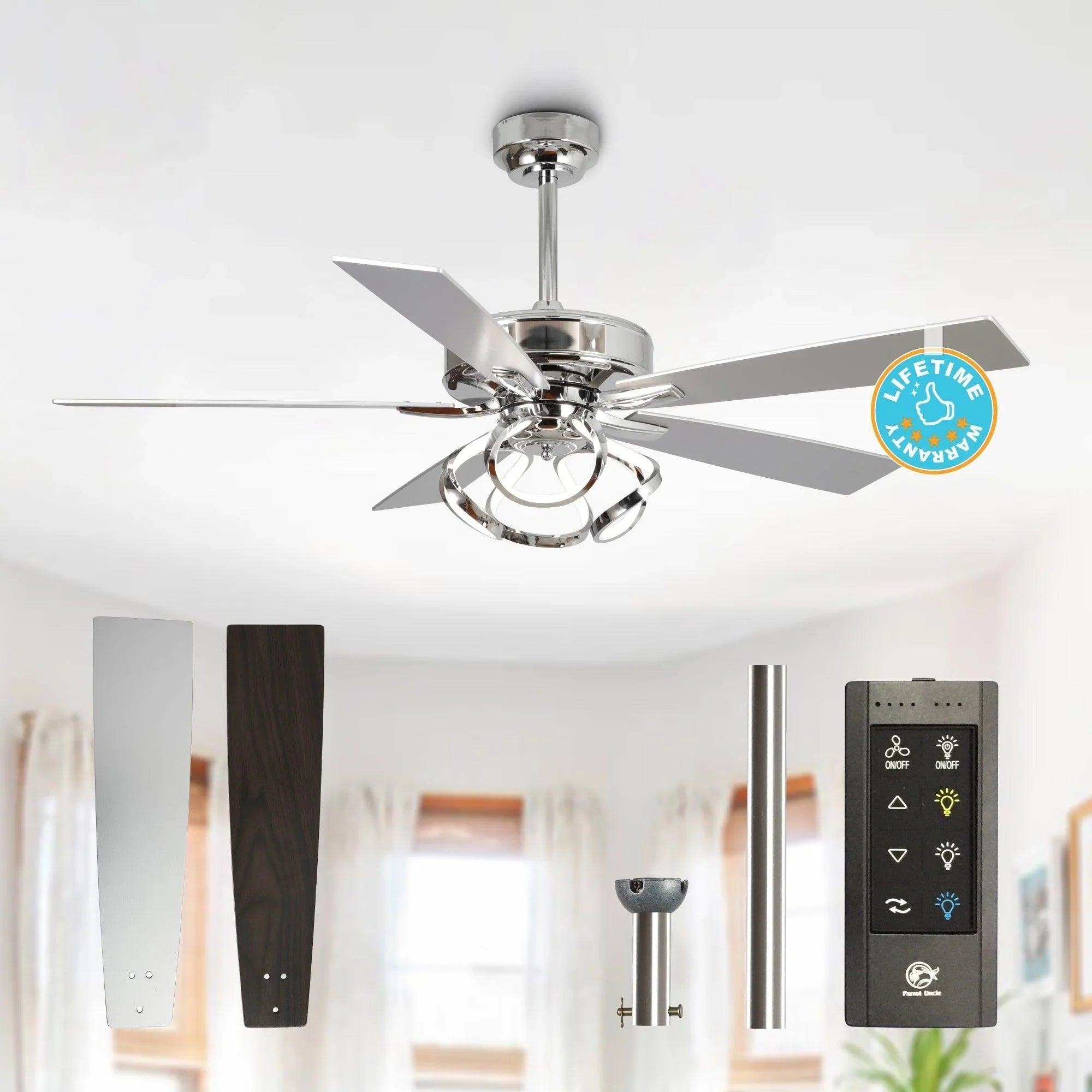Parrot Uncle chrome ceiling fan with light kit and remote control handset.
